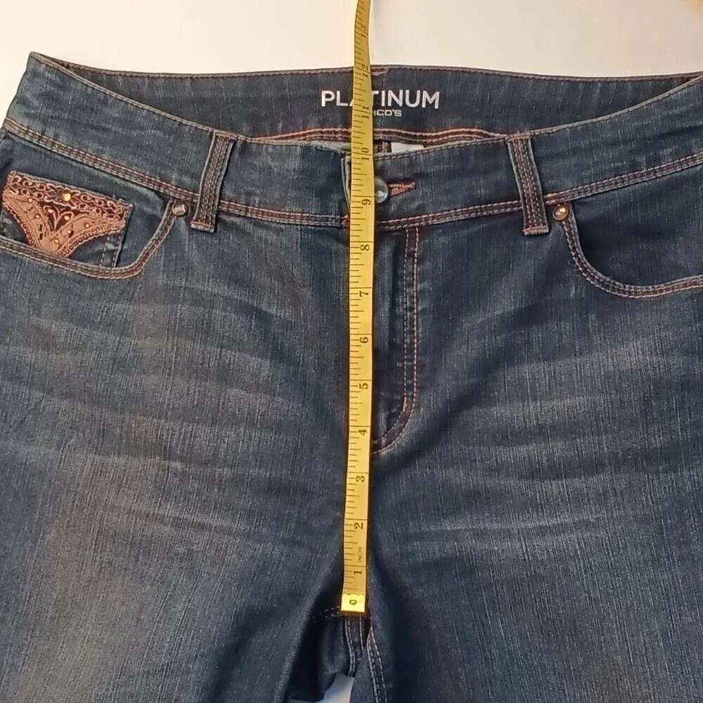 Chicos Women Platinum Lace Embroidered Mid Rise Straight Leg Jeans Size 1/8 Blue